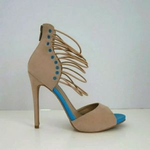 Alba Women's Strappy Heels Open Toe Shoe Beige Blue 5 In. Heel Size 7